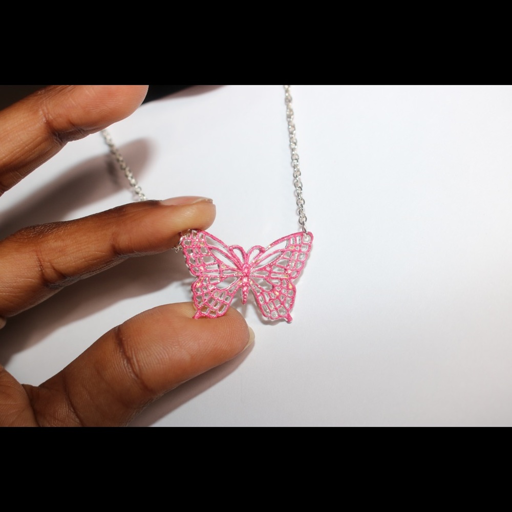 Pink glitter butterfly necklace